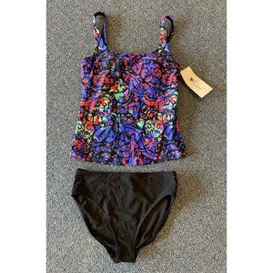 NWT Gottex Tankini Bathing Suit 2 Piece Black Blue Green Red 10 New